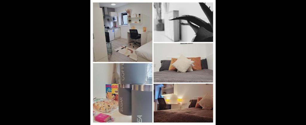 un collage de diferentes fotos de una habitación en Studio apartment within city centre with ensuite en Coventry