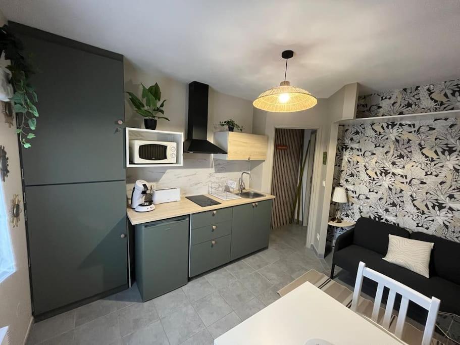 a kitchen with a counter and a microwave at Duplex paisible à la campagne in Relans