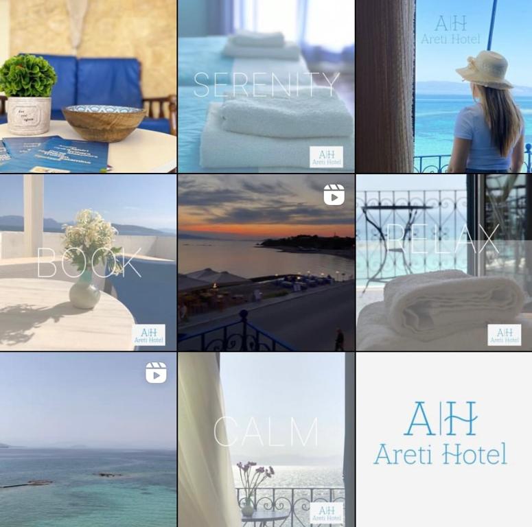 a collage of photos of a hotel room at Hotel Areti in Egina