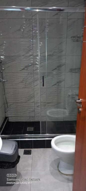 a bathroom with a glass shower and a toilet at очаровательная квартира на берегу моря in Áyios Spirídhon