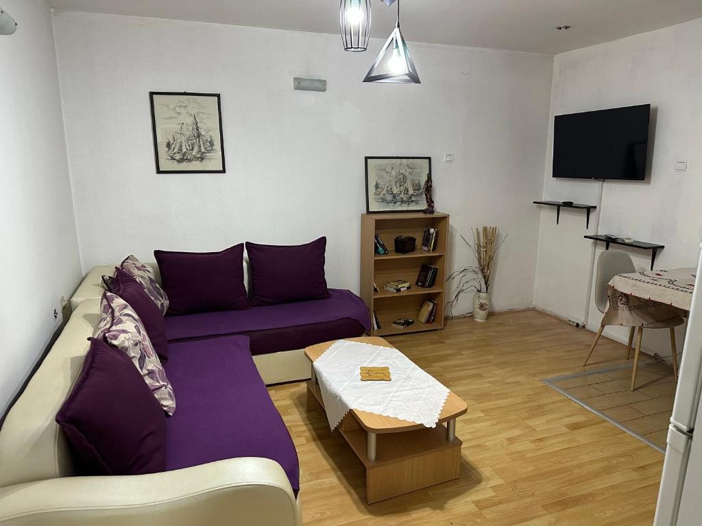 uma sala de estar com um sofá roxo e uma televisão em Spacious 2 BR in Heart of Skopje em Skopje