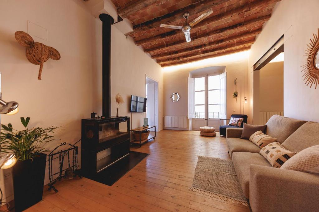 ein Wohnzimmer mit einem Sofa und einem Kamin in der Unterkunft Bravissimo Carrer Nou, Cosy 2-bedroom apartment in Girona