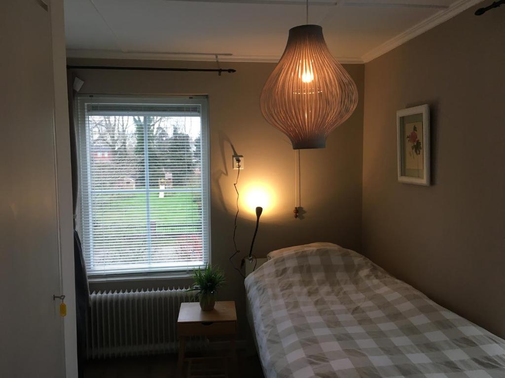 een slaapkamer met een bed, een lamp en een raam bij Huize Kruiz in Bellingwolde