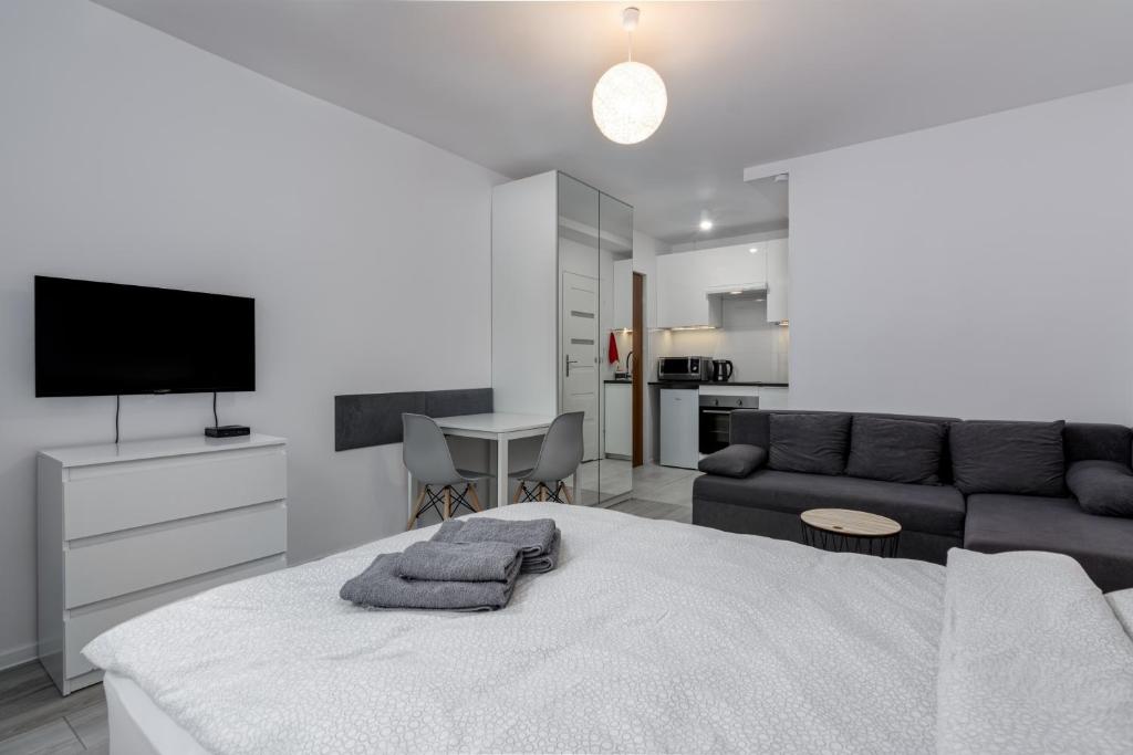 Televízia a/alebo spoločenská miestnosť v ubytovaní Andersena Modern A - 10 min CMKP - 5 min Metro - 15 min Center