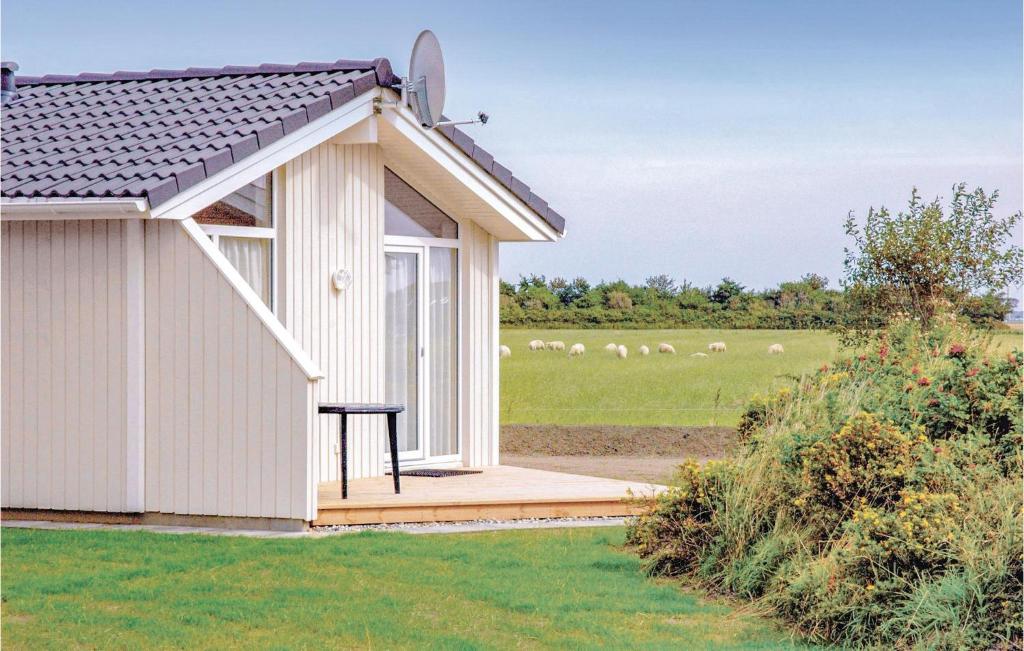 a small white building with a table and a field of sheep at Friedrichskoog-deichblick 22 in Friedrichskoog