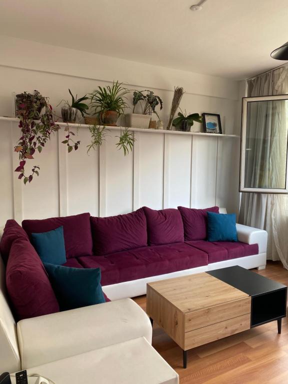 Sala de estar con sofá púrpura y mesa de centro en Comfortable house in Üsküdar İstanbul Turkey, en Estambul