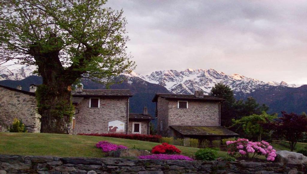 ein Haus auf einem Hügel mit Bergen im Hintergrund in der Unterkunft Casa delle Rose in Teglio