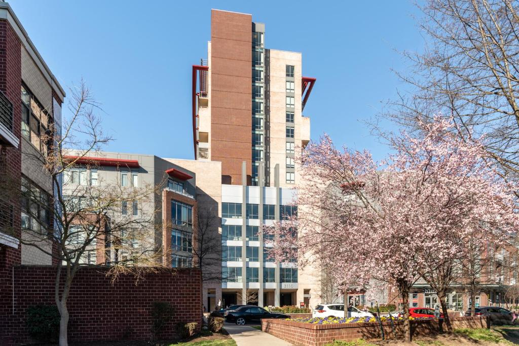 a tall building in a city with flowering trees at Kasa Alexandria Washington in Alexandria