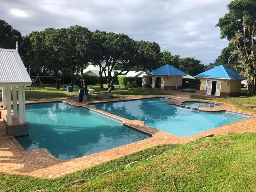 a pool with blue water in a yard at Caribbean Estates Montego bay 30 in Port Edward