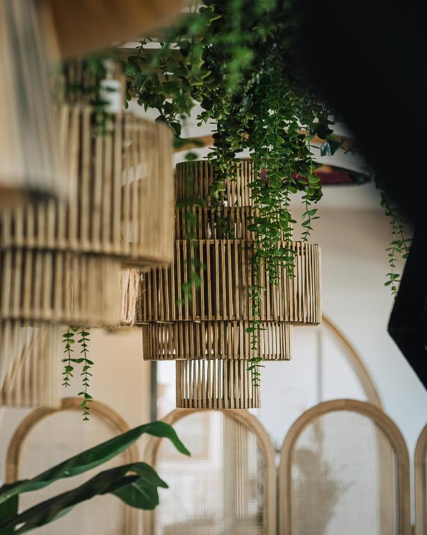 a chandelier with plants hanging from a ceiling at AlmaLusa Comporta in Comporta