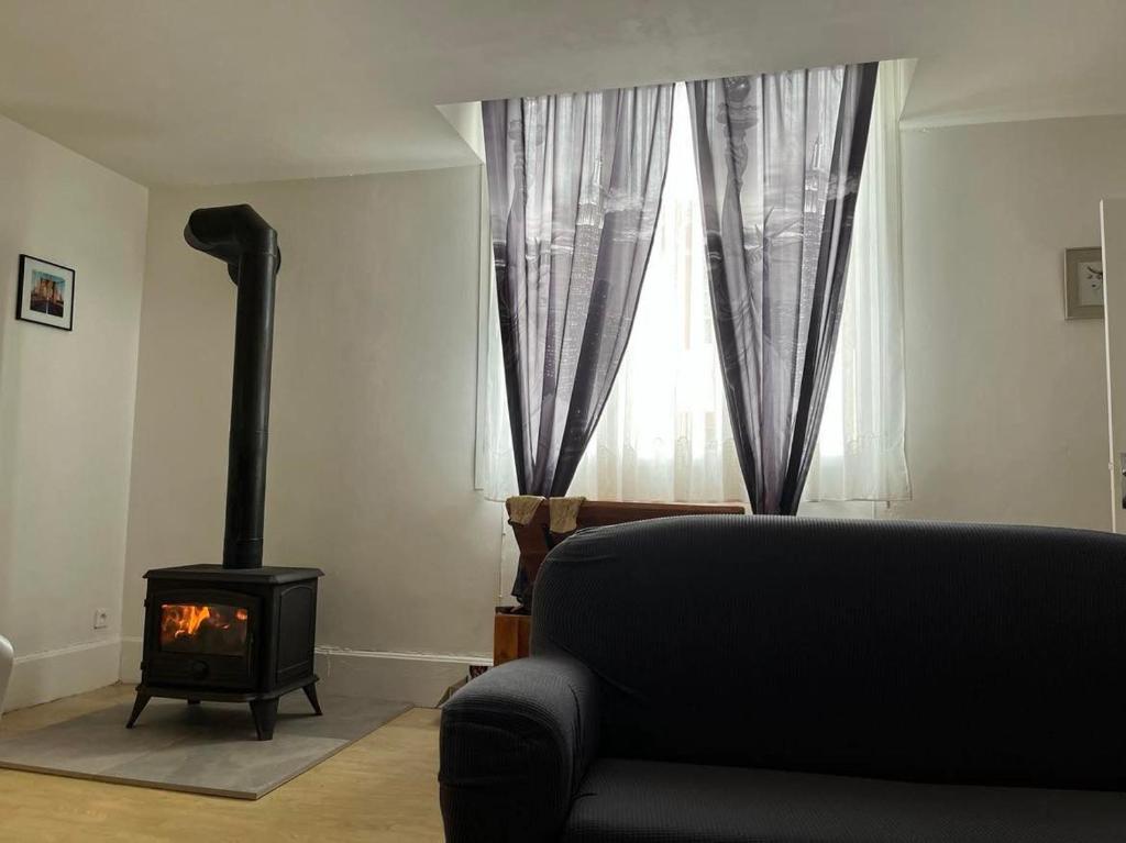 uma sala de estar com um fogão a lenha em frente a uma janela em Appartement avec terrasse privative em Celles-sur-Plaine