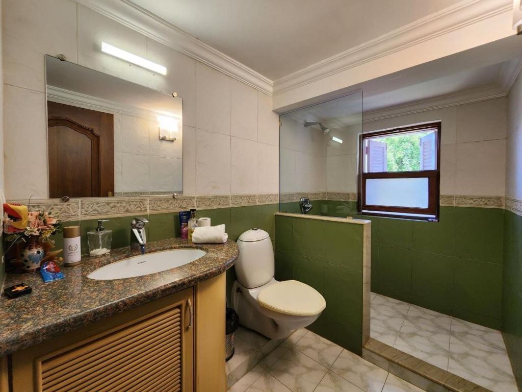 a bathroom with a sink and a toilet and a mirror at Villa 17 Luisa by the Sea in Madgaon