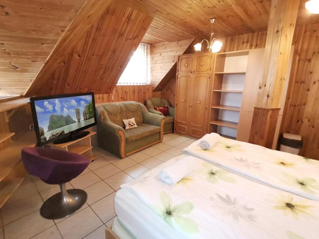 1 Schlafzimmer mit 2 Betten und einem TV in einem Zimmer in der Unterkunft Patkó fogadó in Hajdúszoboszló