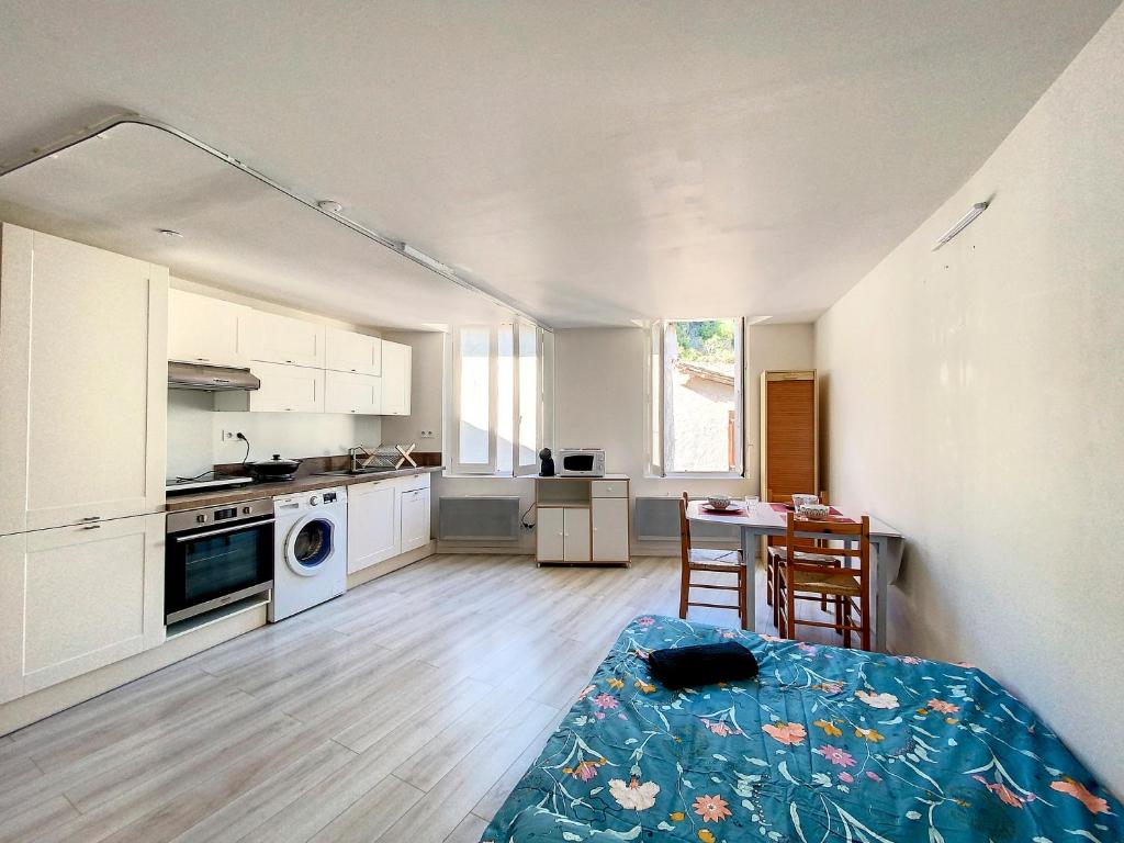 uma cozinha com uma cama e uma mesa num quarto em Gorges du Verdon - Hyper centre Castellane - Rue Piétonne - Studio 3 Couchages em Castellane