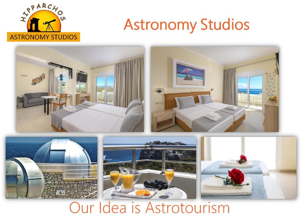 a collage of four pictures of a hotel room at Astronomy Studios in Faliraki