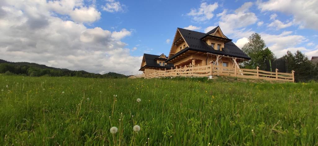 a wooden cabin in a field of green grass at Góralskie Domki na Podhalu - z jacuzzi, za dopłatą in Maniowy