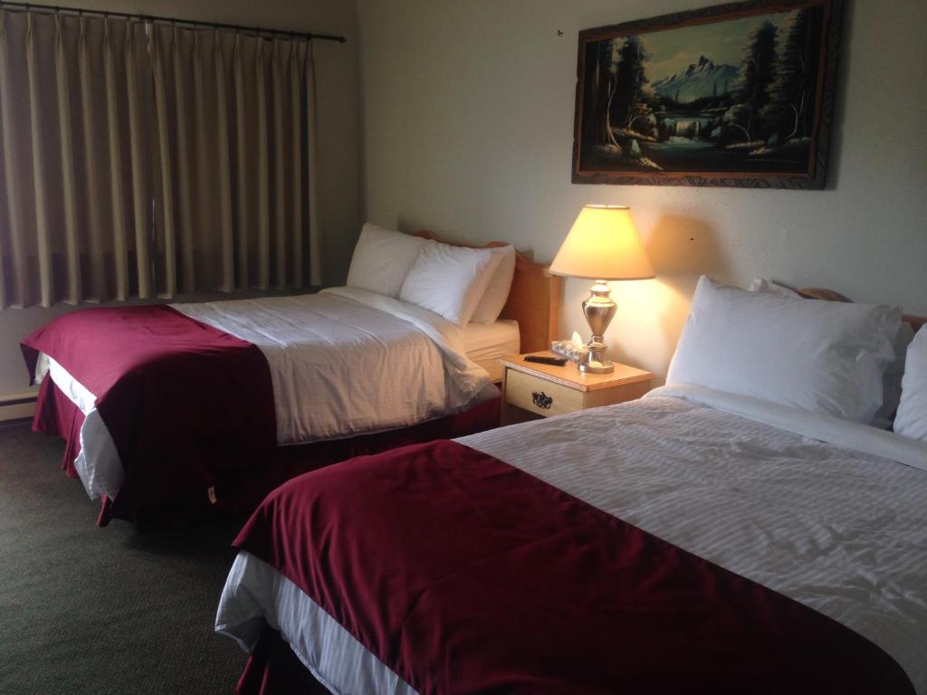 a hotel room with two beds and a lamp at Pleasant Valley Motel Houston in Houston