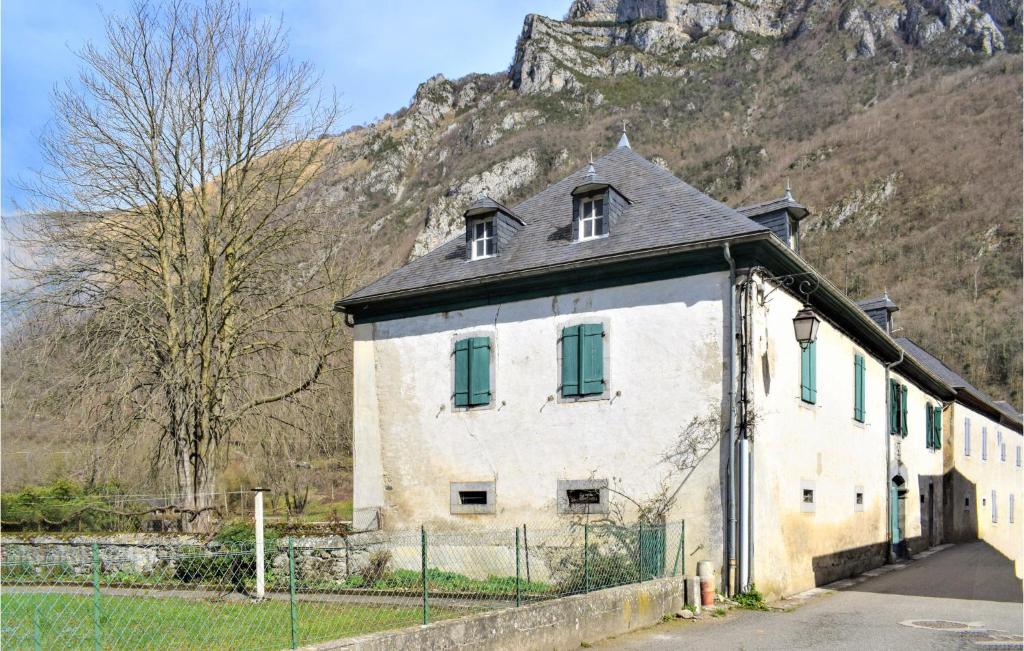 ein altes weißes Gebäude mit grünen Fenstern und einem Berg in der Unterkunft Beautiful Home In Aste-bon With Kitchenette in Aste-Béon