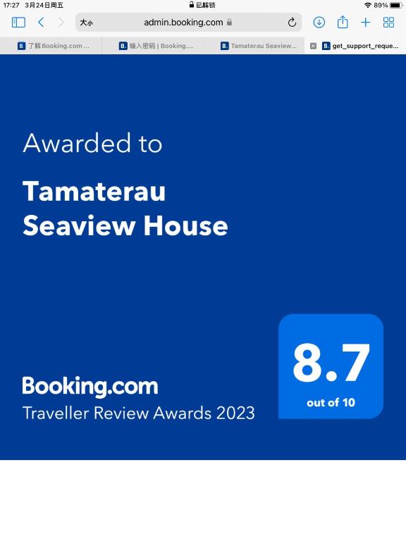 Certifikát, hodnocení, plakát nebo jiný dokument vystavený v ubytování Tamaterau Seaview House in Whangarei