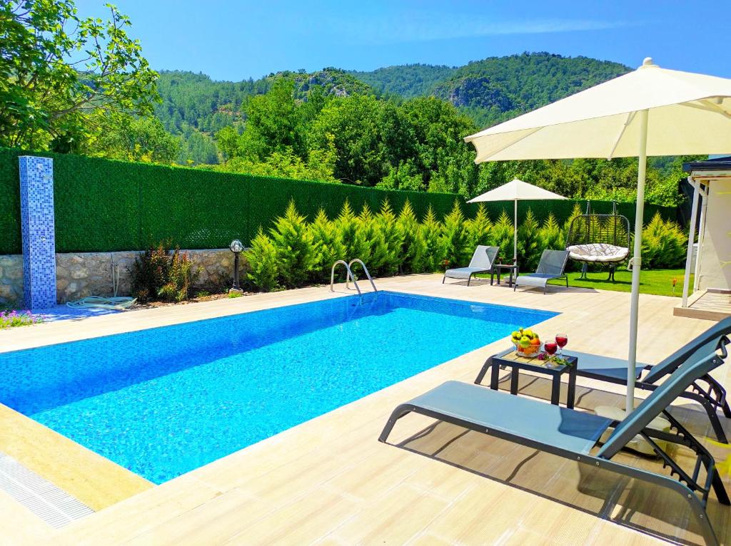 - une piscine avec 2 chaises et un parasol dans l'établissement Villa Limon Kayakoy - Private Swimming Pool, à Belen