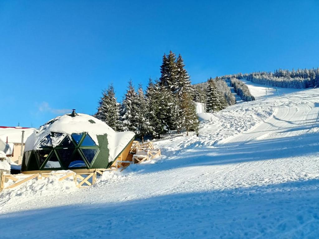uma encosta coberta de neve com uma yurt na neve em Domul Poarta Retezat em Rausor