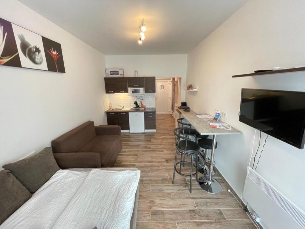 uma pequena sala de estar com um sofá e uma cozinha em Violett Apartman em Balatonberény
