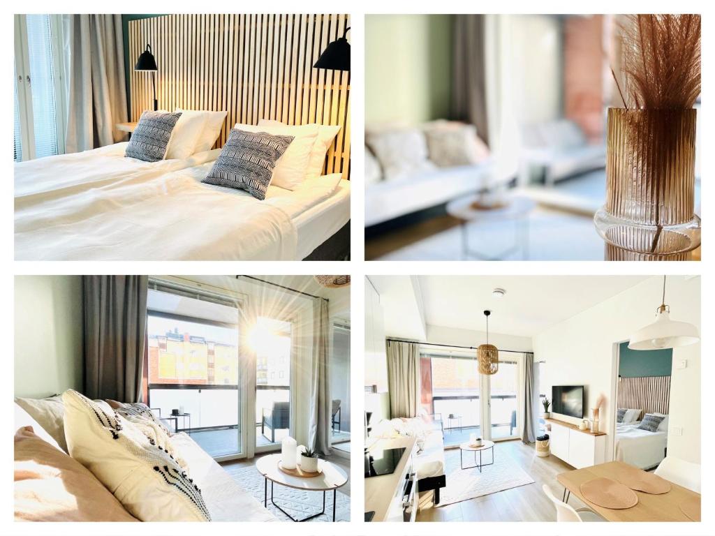 4 fotos de un dormitorio y una sala de estar en Uusi ilmastoitu kaksio Tampereen ytimessä, pysäköinti, iso lasitettu parveke en Tampere