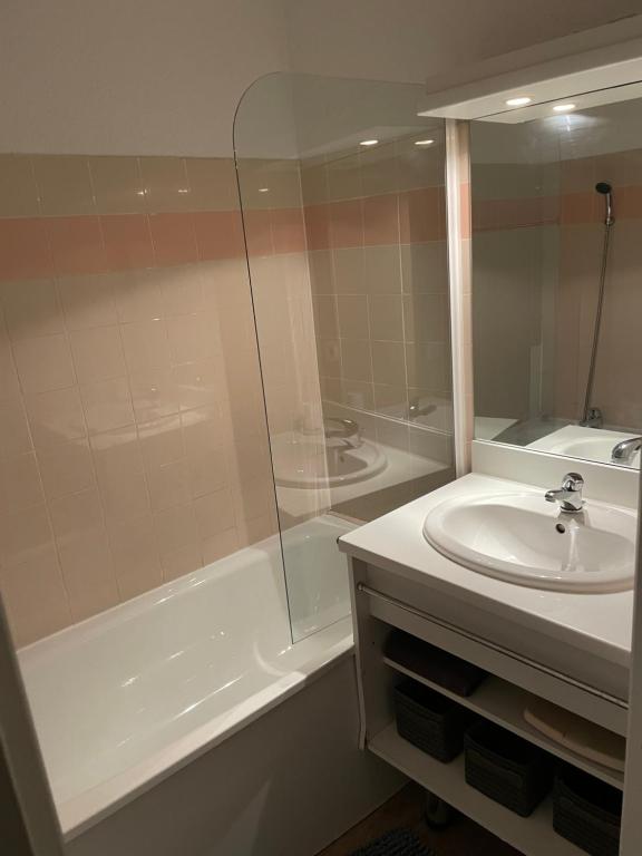 a bathroom with a shower and a sink and a tub at Appartement lumineux aux pieds des pistes in Saint-François-Longchamp