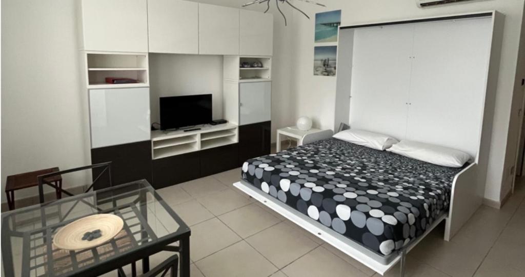 een slaapkamer met een bed en een tv. bij White Dream Spotorno in Spotorno