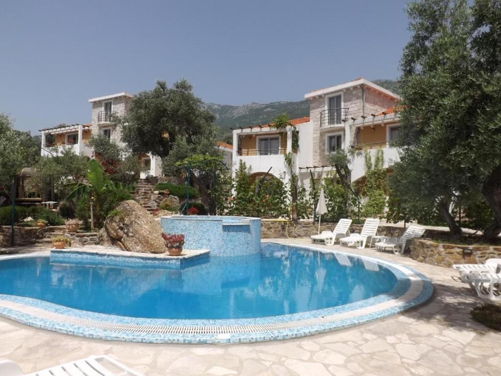 a swimming pool in front of a house at Olive trees in Budva