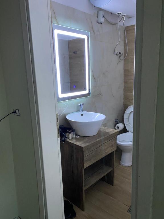 a bathroom with a sink and a mirror and a toilet at Villa Elear in Korçë