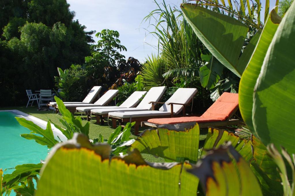 a row of lounge chairs sitting next to a pool at Surfescape Fuerteventura in Lajares