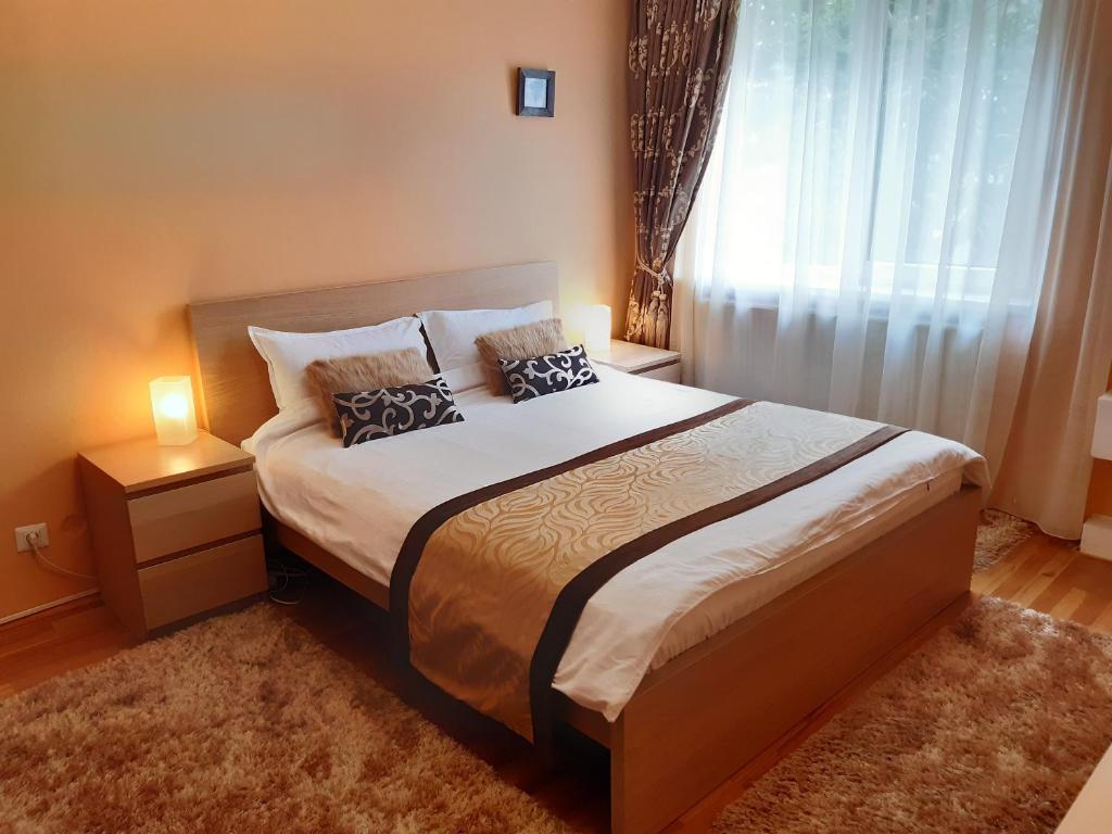 een slaapkamer met een groot bed met 2 kussens erop bij Apartament Central in Piatra Neamţ