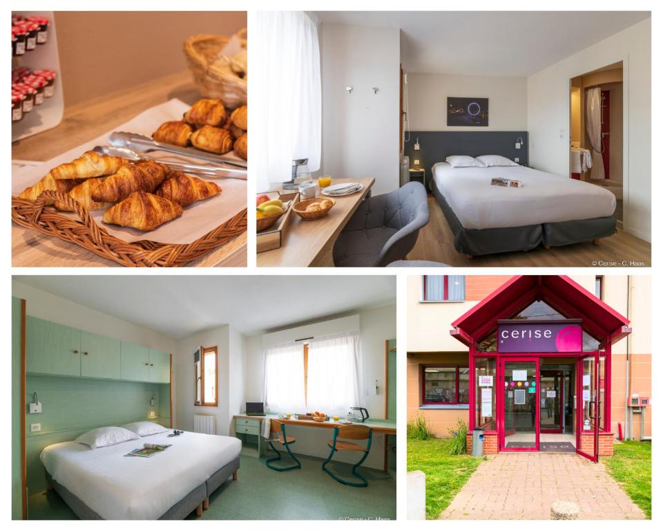 three pictures of a hotel room with two beds and bread at Cerise Nantes La Beaujoire in Nantes