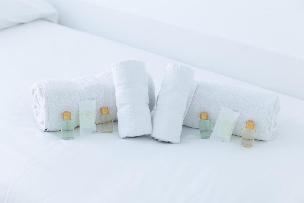 grupa ręczników papierowych i butelek na półce w obiekcie El Ancla de Bermeo By Urdaibai Rentals w mieście Bermeo
