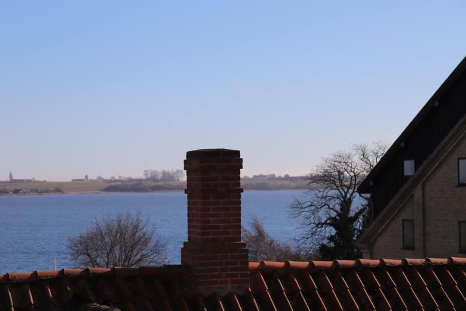 a brick chimney on a roof with a view of a lake at Apothekergaarden Stege B&B in Stege