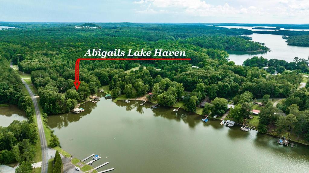 an island in the middle of a lake with a red arrow labeling antidepressives lake at Abigail's Lake Haven in Jacksons Gap