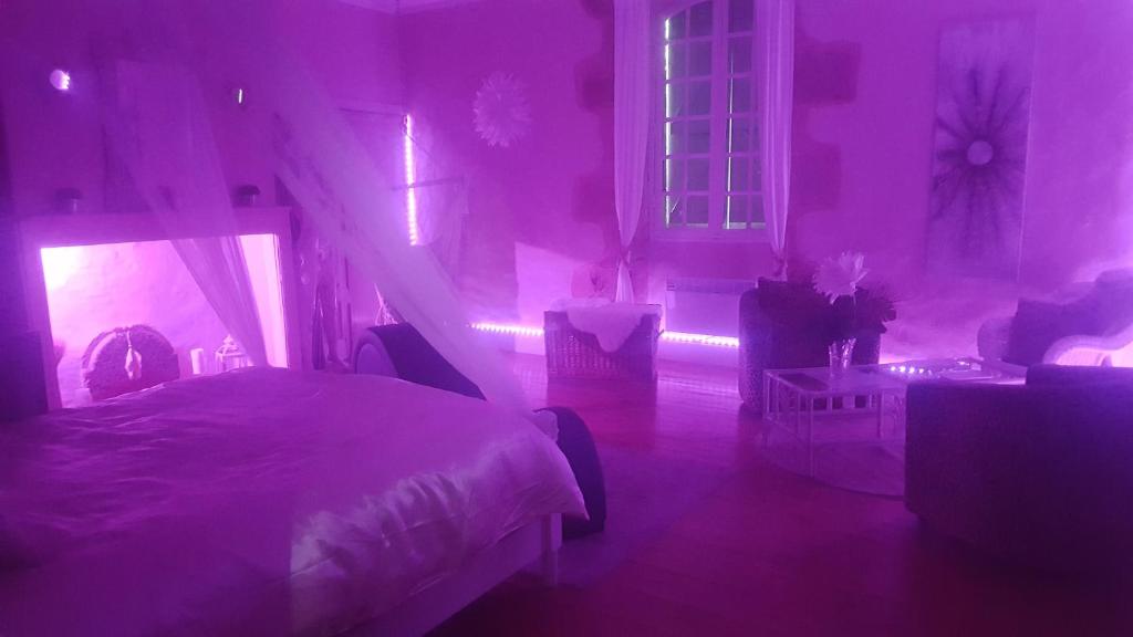 1 dormitorio con cama e iluminación púrpura en Chambre bohème avec balnéo en Idrac-Respailles