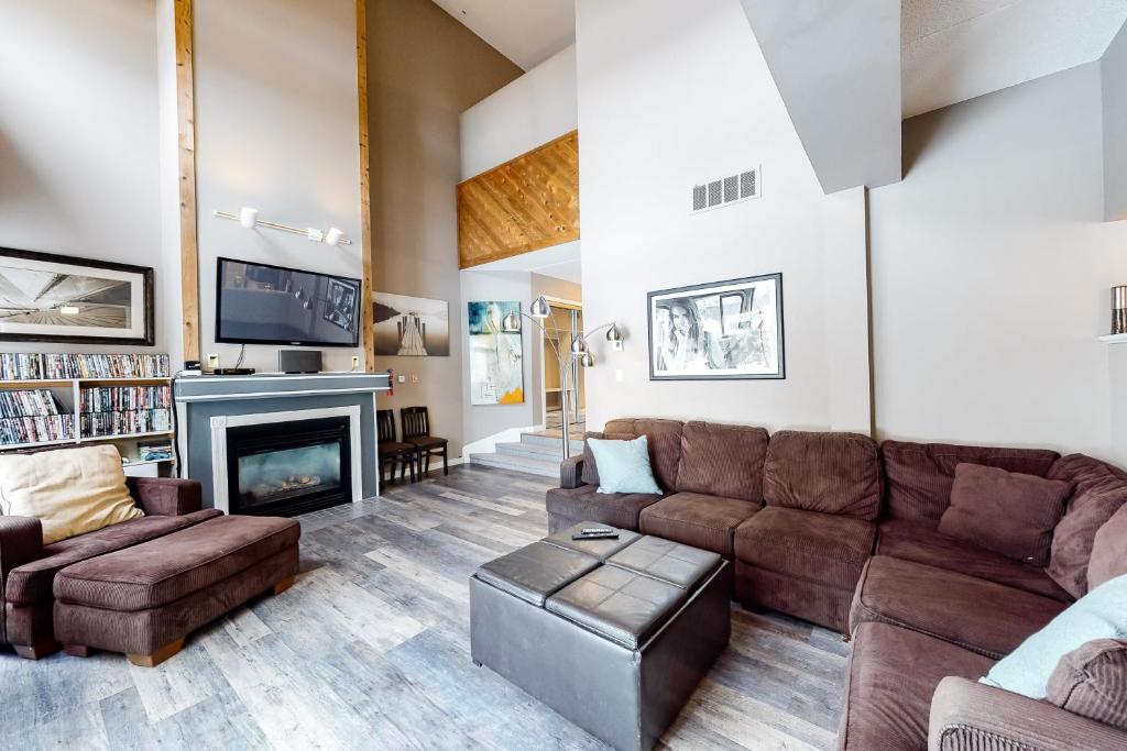 ブルー・マウンテンズにあるWintergreen 116のソファと暖炉のあるリビングルーム