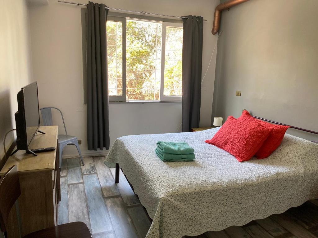 a bedroom with a bed with red and green pillows at Aji Hostel in Santiago