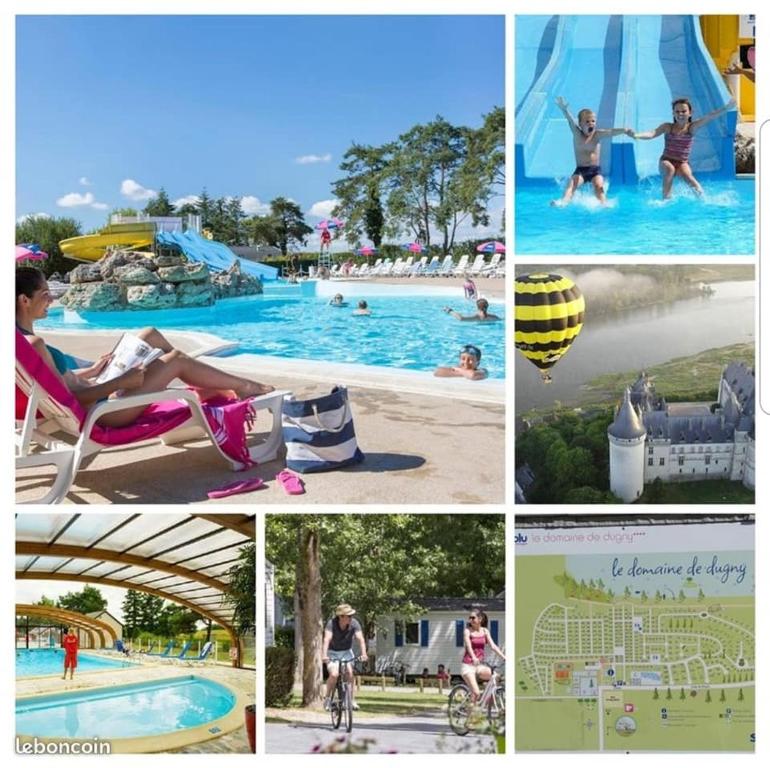 a collage of photos of people in a pool at Joli mobil-home pour 8 personnes tout confort 3 chambres vue étang avec piscine in Onzain