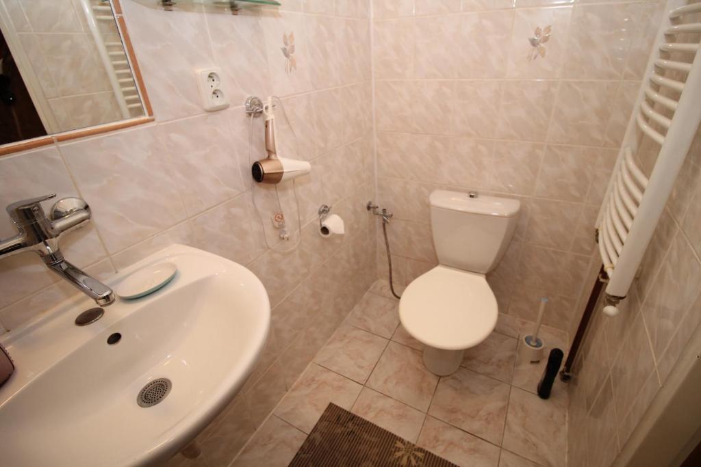a bathroom with a white toilet and a sink at Delux Kolonada in Karlovy Vary