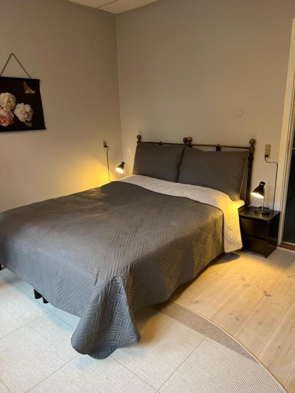 a bedroom with a large bed in a room at Apothekergaarden Stege stuen mod gårdhaven in Stege