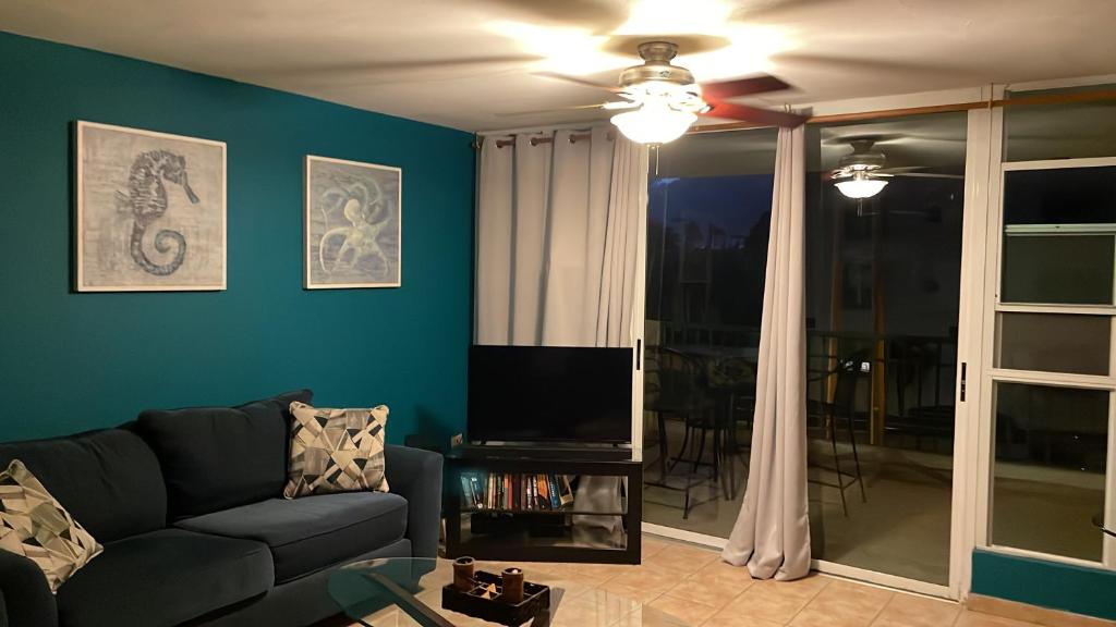 a living room with a couch and a television at Comfortable Apartment in Boqueron - cash only in Cabo Rojo