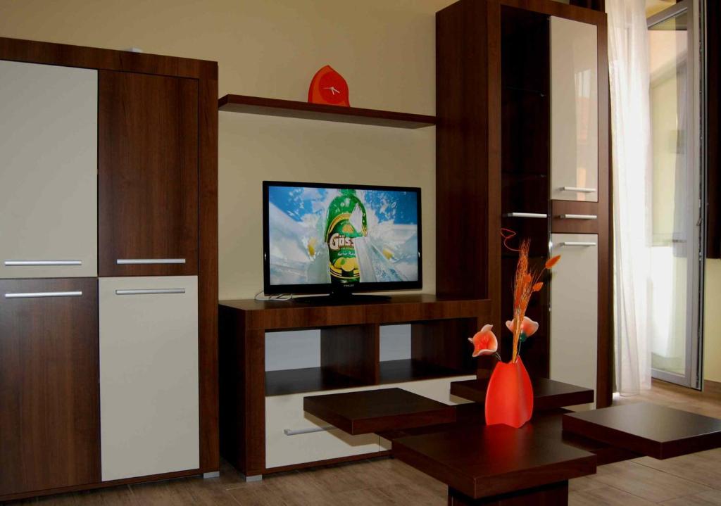 シャールヴァールにあるÁdám Apartmanのリビングルーム(薄型テレビ、テーブル付)