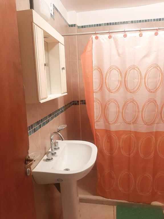 El Carmen的住宿－Apartamentos Naomi 1B，一间带水槽和淋浴帘的浴室