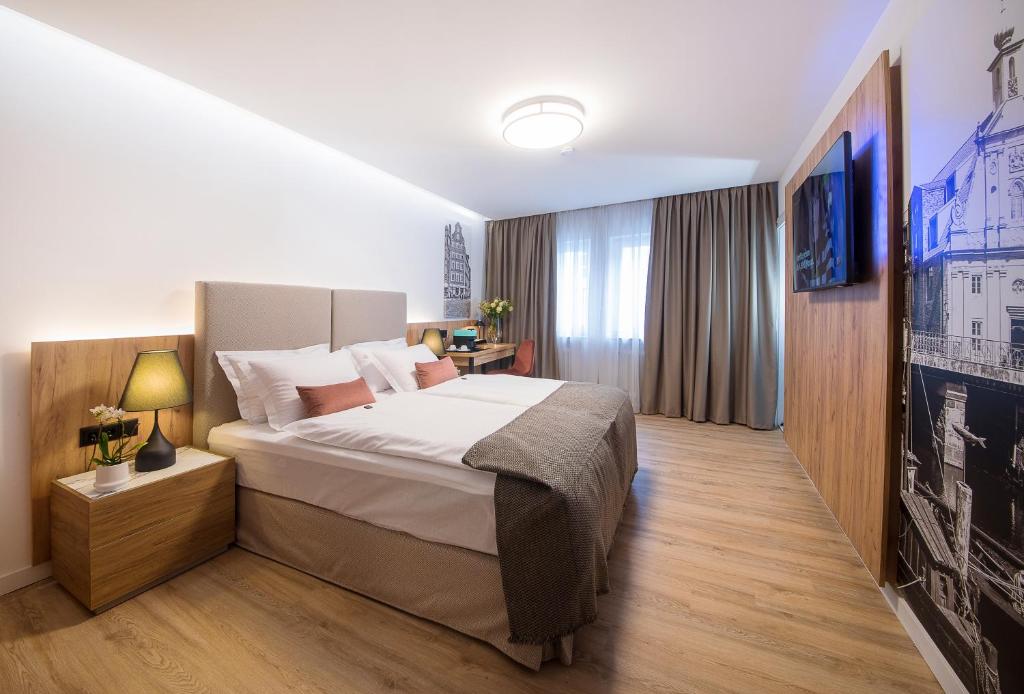 een hotelkamer met een bed en een televisie bij Gästehaus zum roten Hahn in Lüneburg