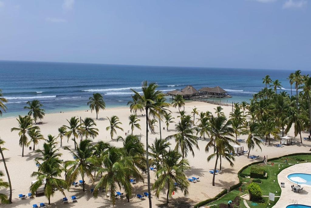 an aerial view of a beach with palm trees and the ocean at Your Little Paradise - Juan Dolio in Juan Dolio