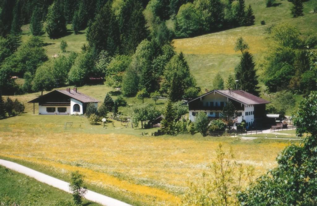 a house in a field next to a road at Siglhof Ferienwohnungen in Aschau im Chiemgau