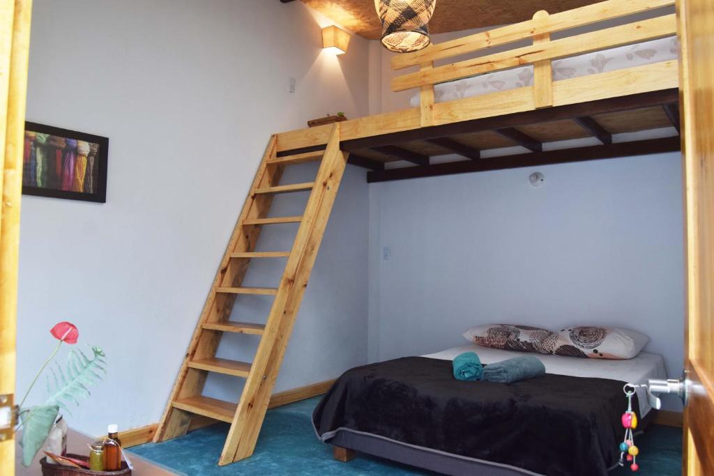 a bedroom with a bunk bed with a ladder at Bosque Colibrí in Cali